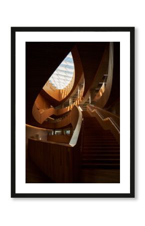 Design of the central public library in Calgary. Modern art interior design with wooden walls and glass ceiling.