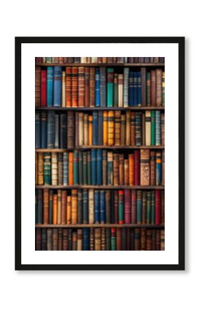 Old bookshelf with many different books. Bookshelf background