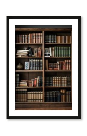 Grand wooden bookshelves filled with an extensive collection of books in a serene and scholarly atmosphere, reflecting a lifetime of learning and curiosity