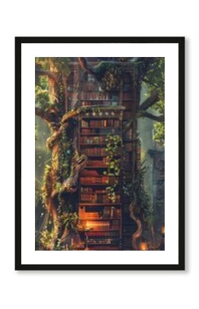A legendary library hidden within an ancient tree guarded by mythological hybrids filled with scrolls of forgotten lore