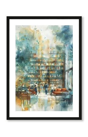 In the watercolor painting, a wide shot captures a futuristic public library featuring digital book displays and modern furniture.