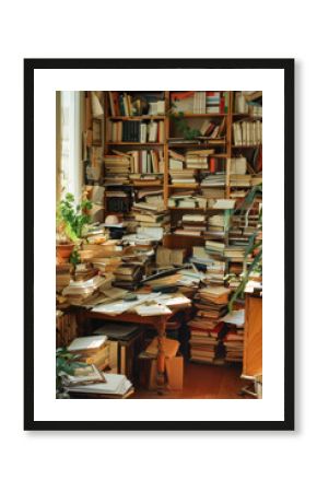 Cozy Scholar's Nook Brimming with Stacked Books and Notes