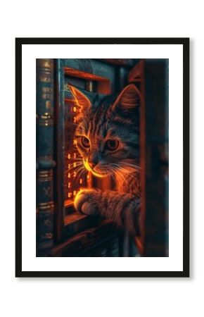A cute cat is sitting in a library full of books. The cat is looking at the camera with a curious expression. The library is dimly lit and there is a warm glow around the cat.