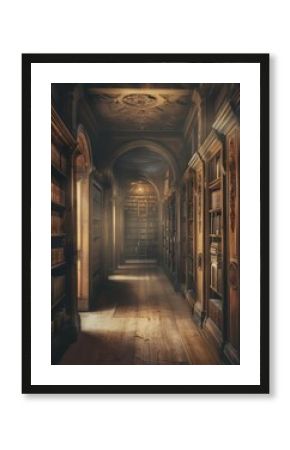 A dark academia library with wooden shelves filled with books, a wooden floor, and a large window at the end of the hall.
