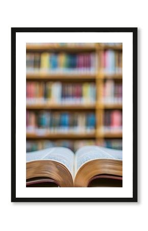 Open book close-up with blurred library shelves. Embracing educational atmosphere.