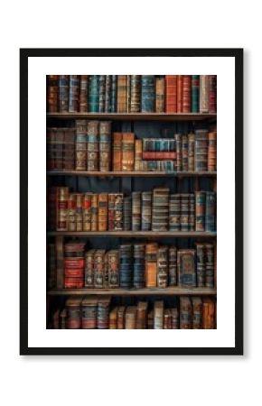 The backdrop features a series of antique bookcases filled with weathered, leather-bound volumes, evoking the ambiance of an old library or study, perfect for intellectual-themed portraits.