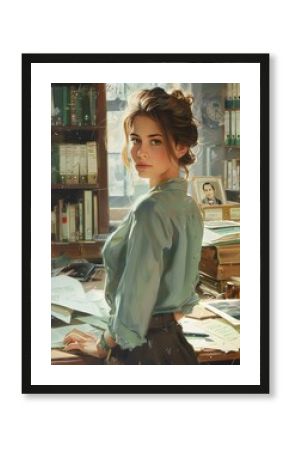 Woman in Green Shirt Looking Over Her Shoulder in a Library