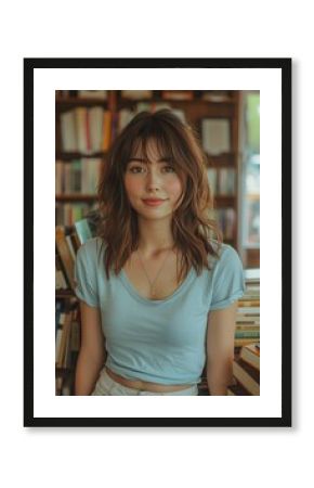 Woman in light blue shirt and white jeans, standing in a library with bookshelves behind her