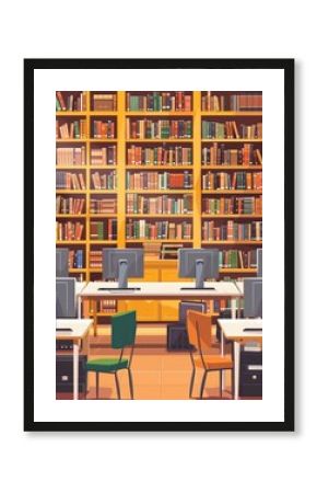 A bright and modern student library with bookshelves filled with books and computers for research. Generative AI
