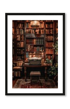 Vintage library with a typewriter on a wooden desk, surrounded by bookshelves filled with old books, creating a classic literary ambiance.