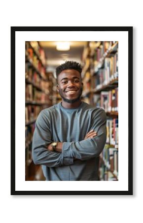 Hardworking African American student studying in college library surrounded by shelves of books, focused on academic pursuits and posing for a photo.