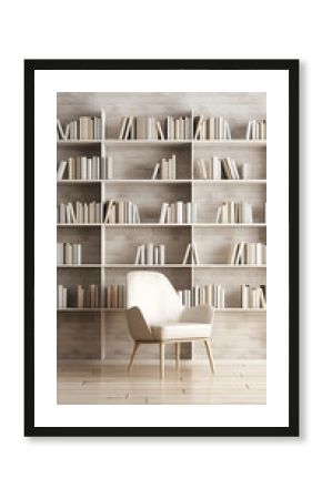 Comfy white leather chair in a library with many books on the shelves around