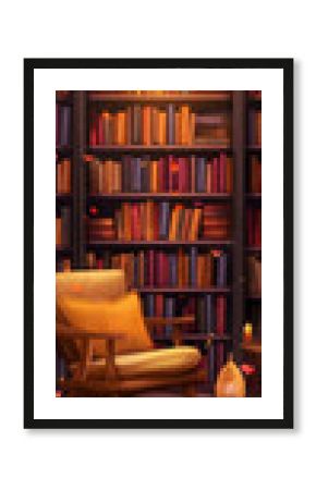 Cozy library filled with books and warm light.