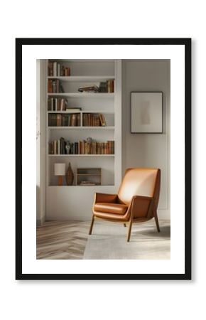 Minimalist Home Library with Sleek Built-In Shelves and Frame Mockup in Serene 3D Rendering
