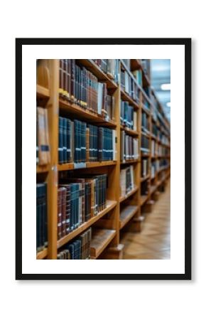 Rows of library books, bright and well-lit, wooden shelves, side view, organized and academic feel