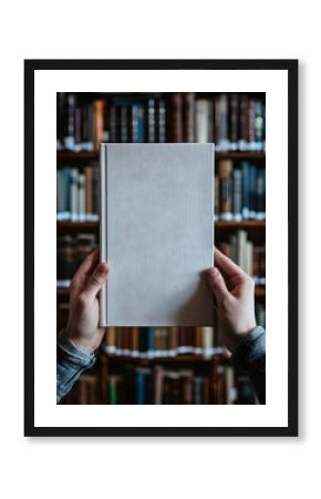 A person is holding a book in a library. The book is white and has no writing on it. The library is filled with many books, some of which are on the shelves and others are on the floor