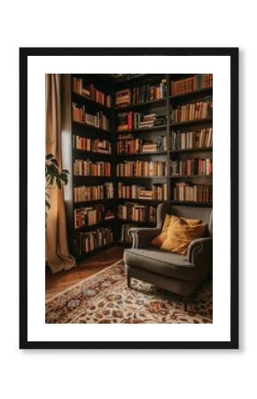 Comfortable seating area in home office with bookshelf, rug, and chair for business and leisure reading