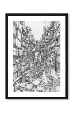 A black and white sketch of a bustling library