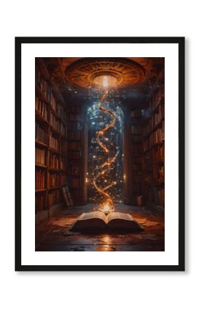 Open book with glowing spiral in the dark library. 3D rendering