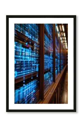 Futuristic Digital Interface Overlay on Library Bookshelves with Glowing Blue Data Streams