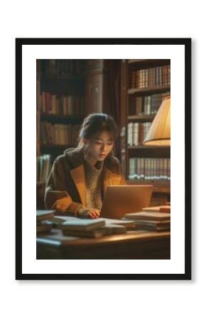 A young woman working on her laptop in a quiet library environment during the late evening hours. She is focused and appears to be studying or doing research.