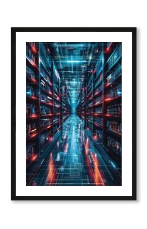 Futuristic Digital Library with Neon Lights and High-Tech Bookshelves in a Cyberpunk Style