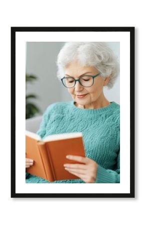 Senior lady reading a book, assisted living home, 3D illustration