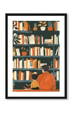 Father and Son Reading Books in a Library