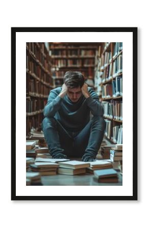 Sad student sitting in a library with books scattered around, showing signs of stress and exhaustion from exams
