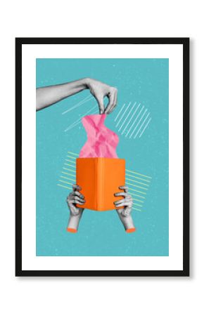 Vertical collage poster hands body fragments hold pick take reader book literature novel story bookstore library education study learner