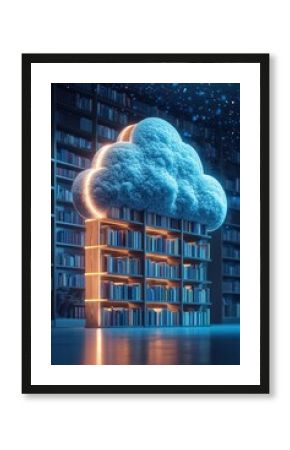 Futuristic Cloud-Shaped Bookshelf in Modern Library with Glowing Lights and Digital Ambiance