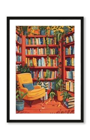 Cozy library illustration with bookshelves and reading corner