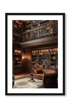 A cozy interior of traditional library featuring rich wooden bookshelves filled with books, comfortable leather sofa, and an elegant chandelier. warm ambiance invites relaxation and reading