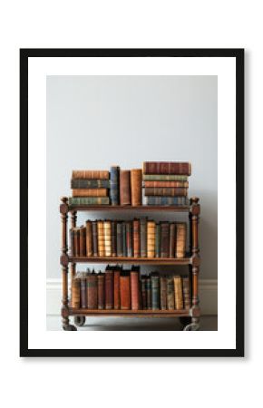 Vintage library book cart with stack of new books, showcasing charming collection of old and new literature. wooden cart adds nostalgic touch to any space