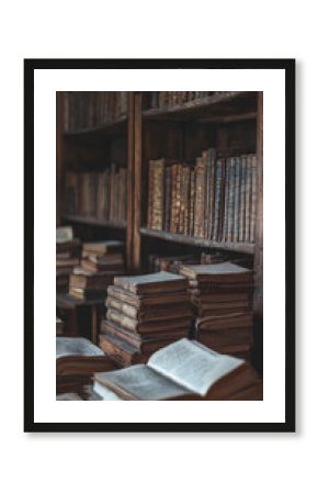 Ancient library filled with scrolls and books of Stoic writings, showcasing rich collection of historical literature. atmosphere evokes sense of wisdom and tranquility
