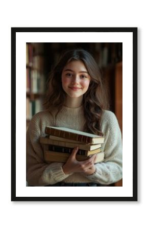 Portrait of a young female librarian wearing glasses, holding a stack of books in a warmly lit, cozy library setting.