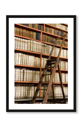 Shelves with old books in the library and wooden stepladder