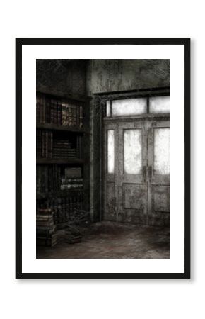 Opuszczona biblioteka z pajęczynami