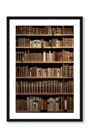 old books on wooden shelf.