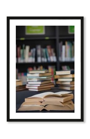 Close up of books stack on table against shelf