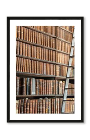 Old vintage books on wooden bookshelf and ladder in a library