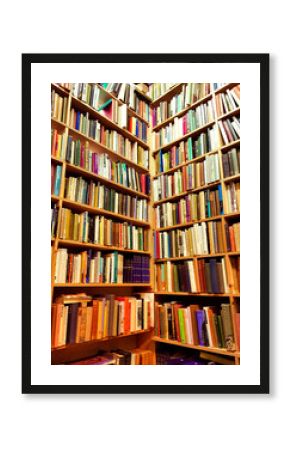 Bookshelf in library with many books