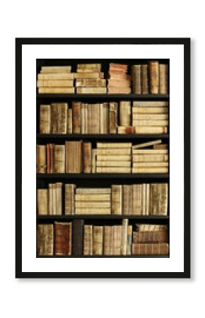 antique books on old wooden shelf.