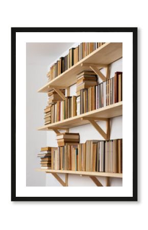 Light wooden bookshelves with hardback overturned books in white interior, home library