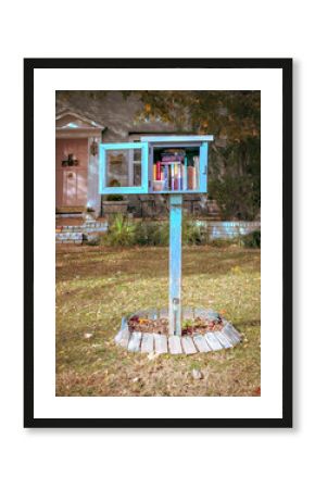 Homemade book box library in font yard of residential house open and full of books with a plastic container of dog treats with house and autumn tree behind