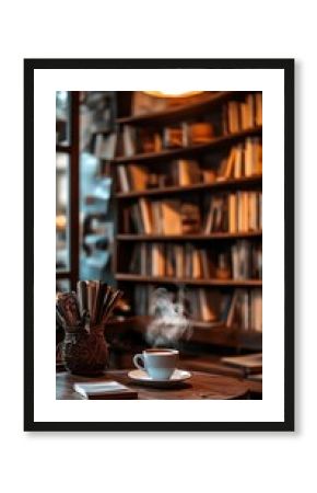 Cozy Table With Steaming Coffee, Woven Vase, Books, & Soft Ambient Light