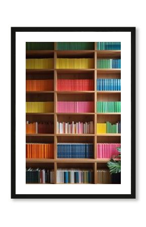 Colorful bookshelf filled with rainbow-sorted books in a modern library or study room interior, showcasing knowledge, organization, education, and visual harmony in literature 