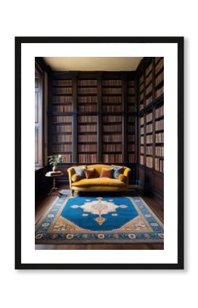Luxurious vintage library interior featuring tall bookshelves filled with antique books, a large window with natural light, a cozy yellow sofa, and a decorative rug on a wooden floor  