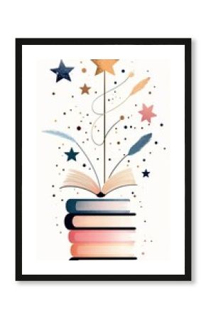 Pastel Book Stack with Magic Wand and Stars