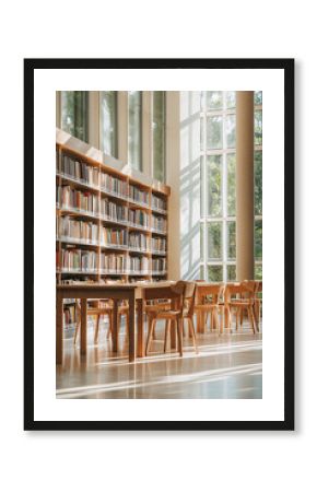 Sunlight illuminating bookshelves and tables in modern library